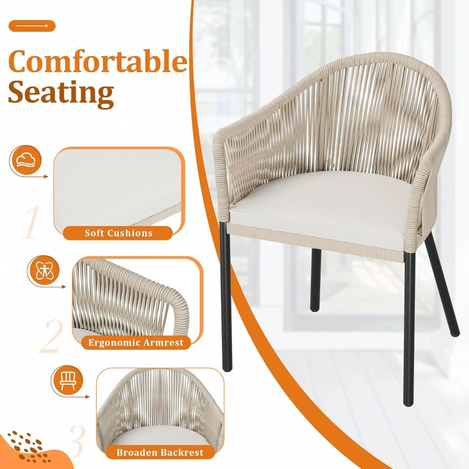 3 Pcs Rope Woven Bistro Set with 2 Wide Chairs, Cushions and Tempered Glass Table