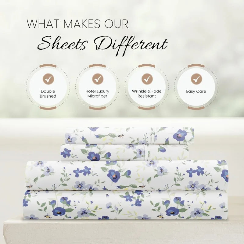4 Piece Queen Sheet Set (Light Blue Floral) - Ultra-Soft & Cooling Bed Sheets