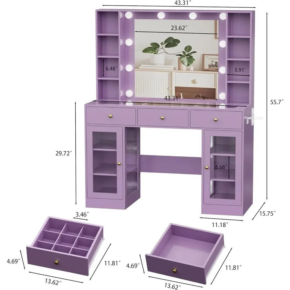 Glass Top Vanity with Lighted Mirror & RGB Glass Cabinet and 3 Drawers