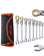 Flex-Head Ratcheting Wrench Set 8pcs Combination WrenchSet Roll-up PouchSteel Flexible Ratcheting Wrench Set SAE Metric