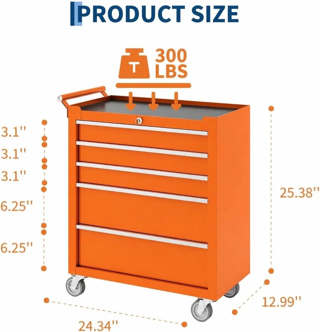 5 Drawer Rolling Tool Chest with Wheels, Locking Tool Storage Cabinet Cart with Drawer Liners, Portable Metal Toolbox Organizer for Garage Workshop Repair