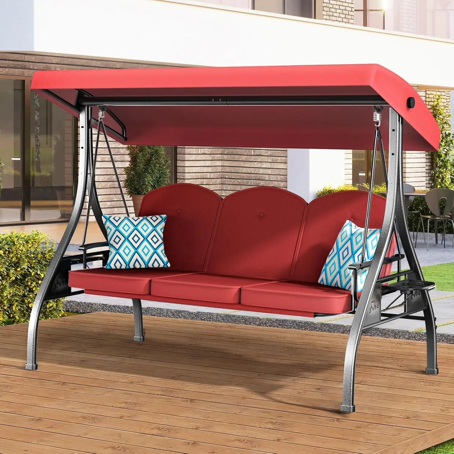 3 Seat Outdoor Porch Patio Swing with Stand 800lbs, 2-in-1 Convertible Swing Bed