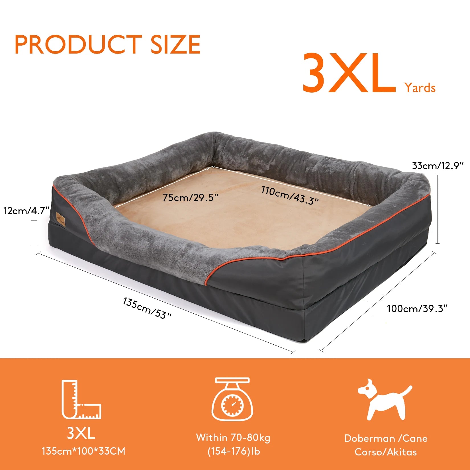 L XL 2XL 3XL Dog Bed, Super Soft Orthopedic Foam Pet Bed with Cotton-padded Bolster and Removable Cover