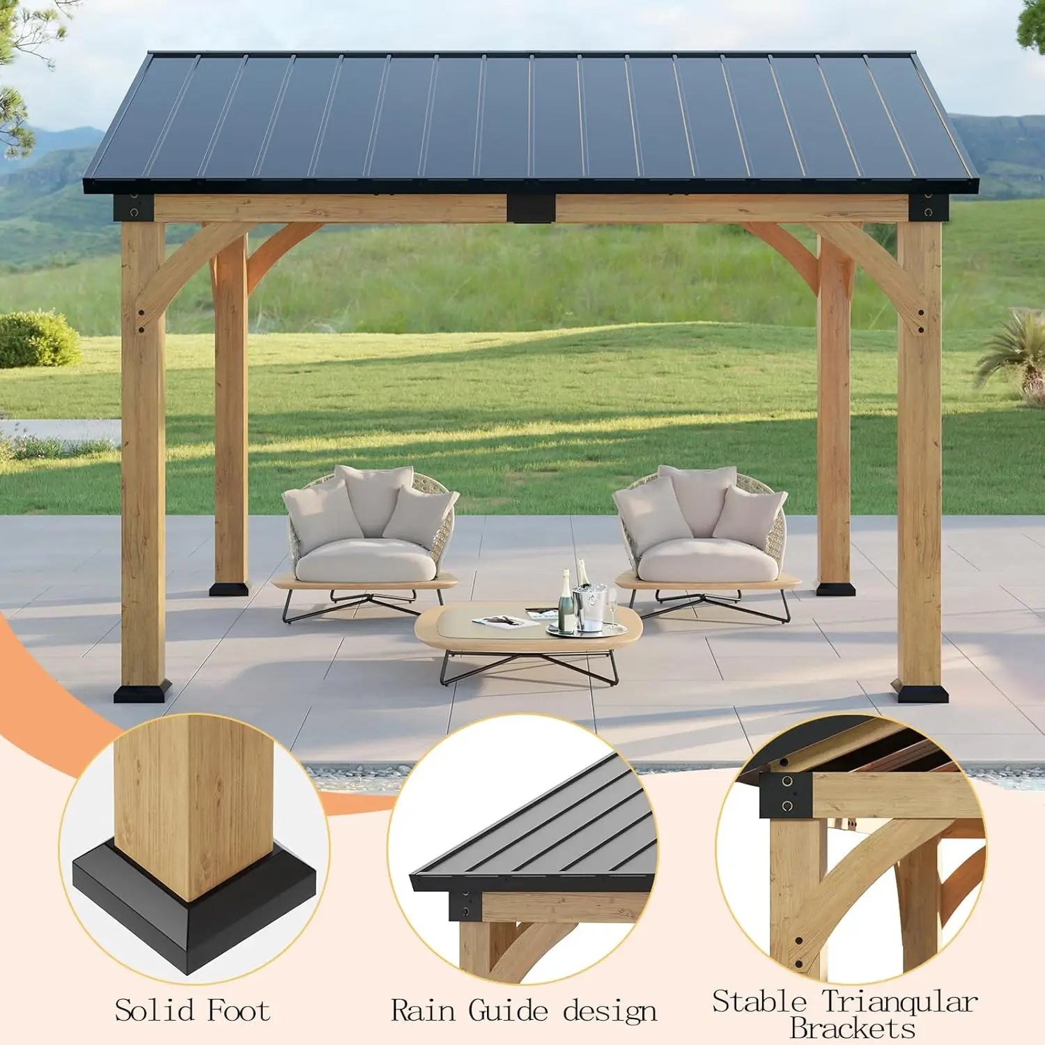 10x12 ft Wood Gazebo, Hardtop Gazebo with Galvanized Steel Peak Roof