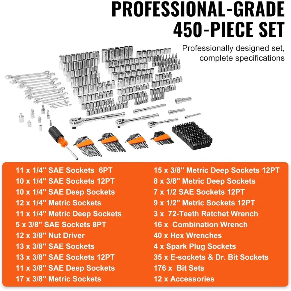 Mechanics Tool Set and Socket Set, 1/4 3/8 1/2 Drive Deep and Standard Sockets, 450 Pcs SAE and Metric