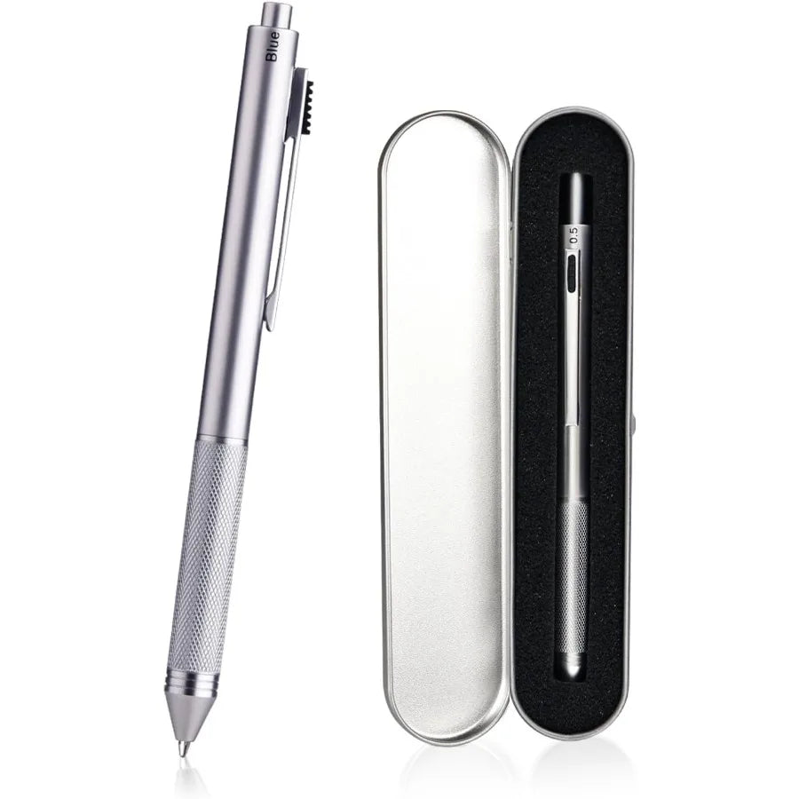 4-in-1 Multi-Function Refillable and Retractable Ballpoint Pen with 0.5mm Mechanical Pencil Fine Point Silver Metal Barre