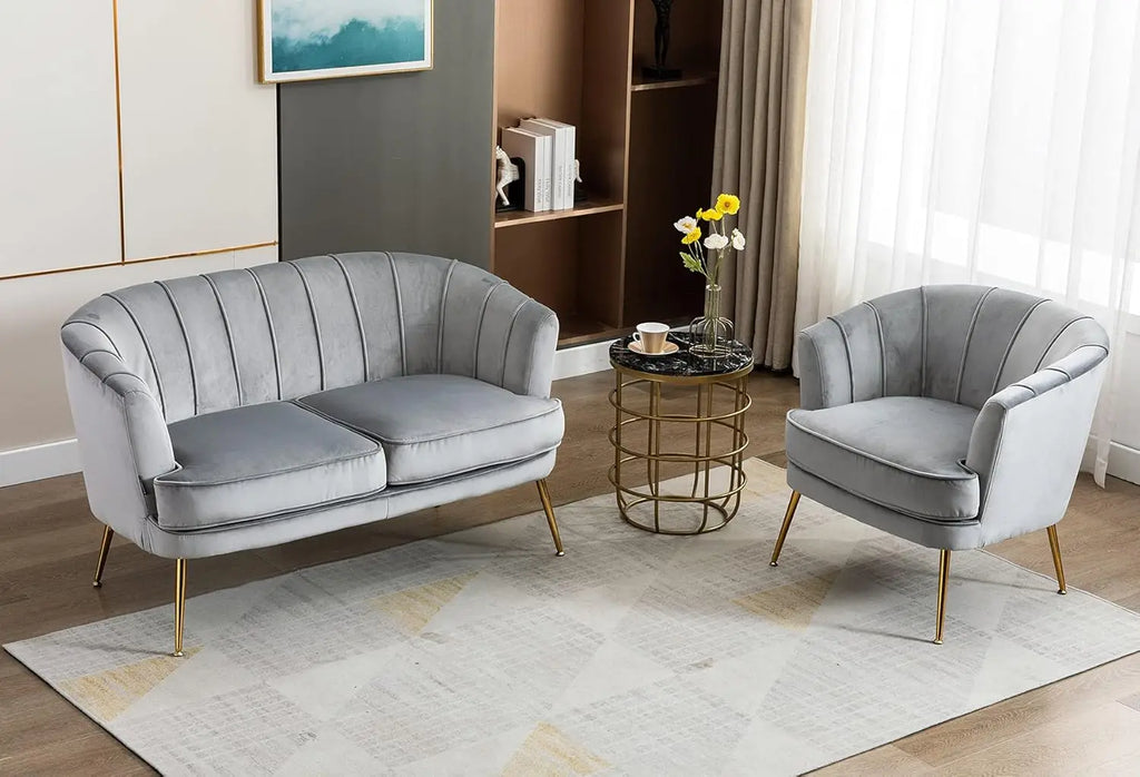 Contemporary Velvet Loveseat Chair with Gold-Finished Metal Legs, 2-Seat Sofa for Living Room, Bedroom, Home Office, Grey