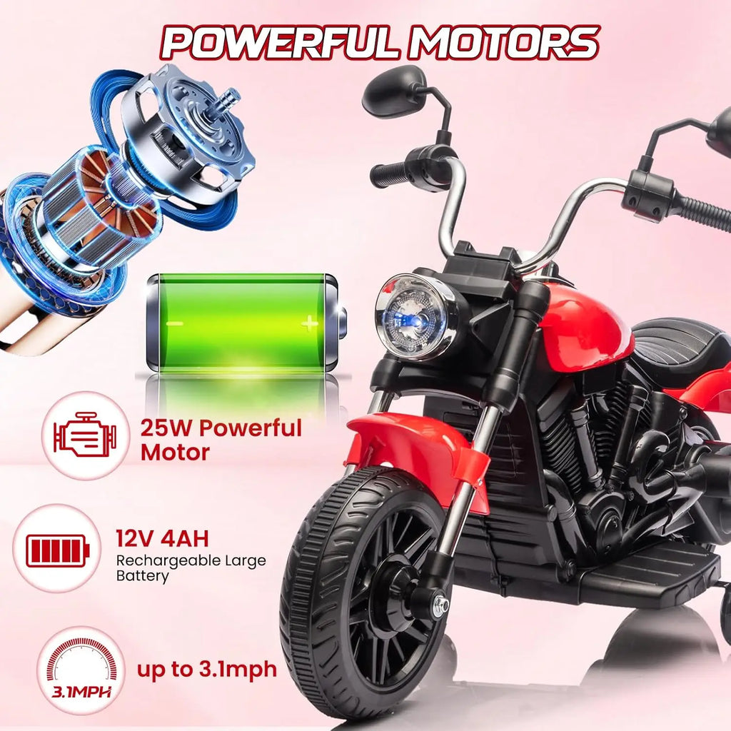 12V Battery Powered Kids Electric Motorcycle 3-Wheel Ride On Toy w/Training Wheels,Reverse,Headlight,Horn,Music,for Toddlers 3-6