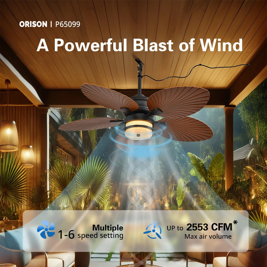 52'' Outdoor Ceiling Fan with Lights, Tropical Palm Leaf Fan, Wet Rated for Patio, Porch & Gazebo, Dimmable LED, 6-Speed,