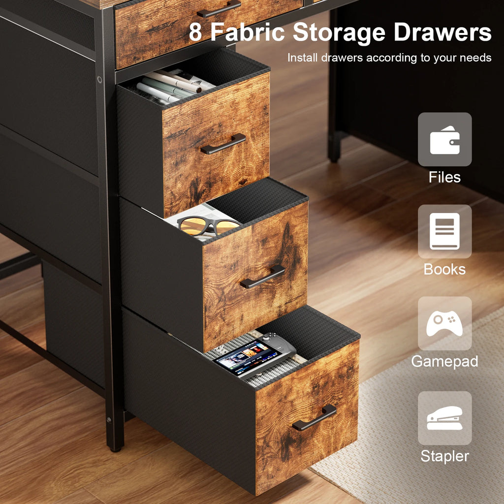 Computer Desk with 8 Storage Drawers, Adjustable Monitor Stand, Writing Desk with LED Lights & USB Power Outlets