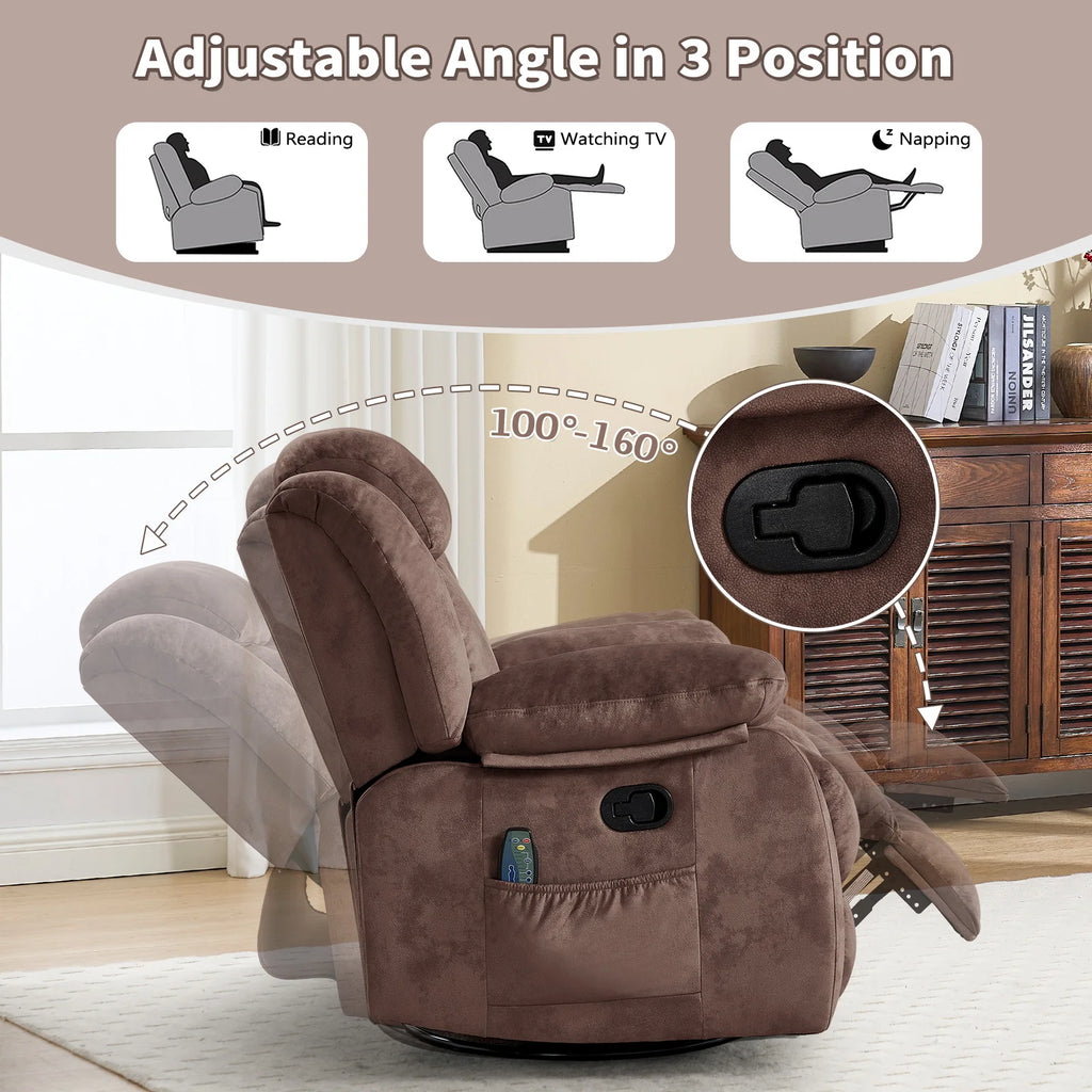Massage Rocker Recliner with Heat and Vibration, 360 Degree Swivel Manual Antiskid Fabric Single Sofa Heavy Duty Reclining Chair