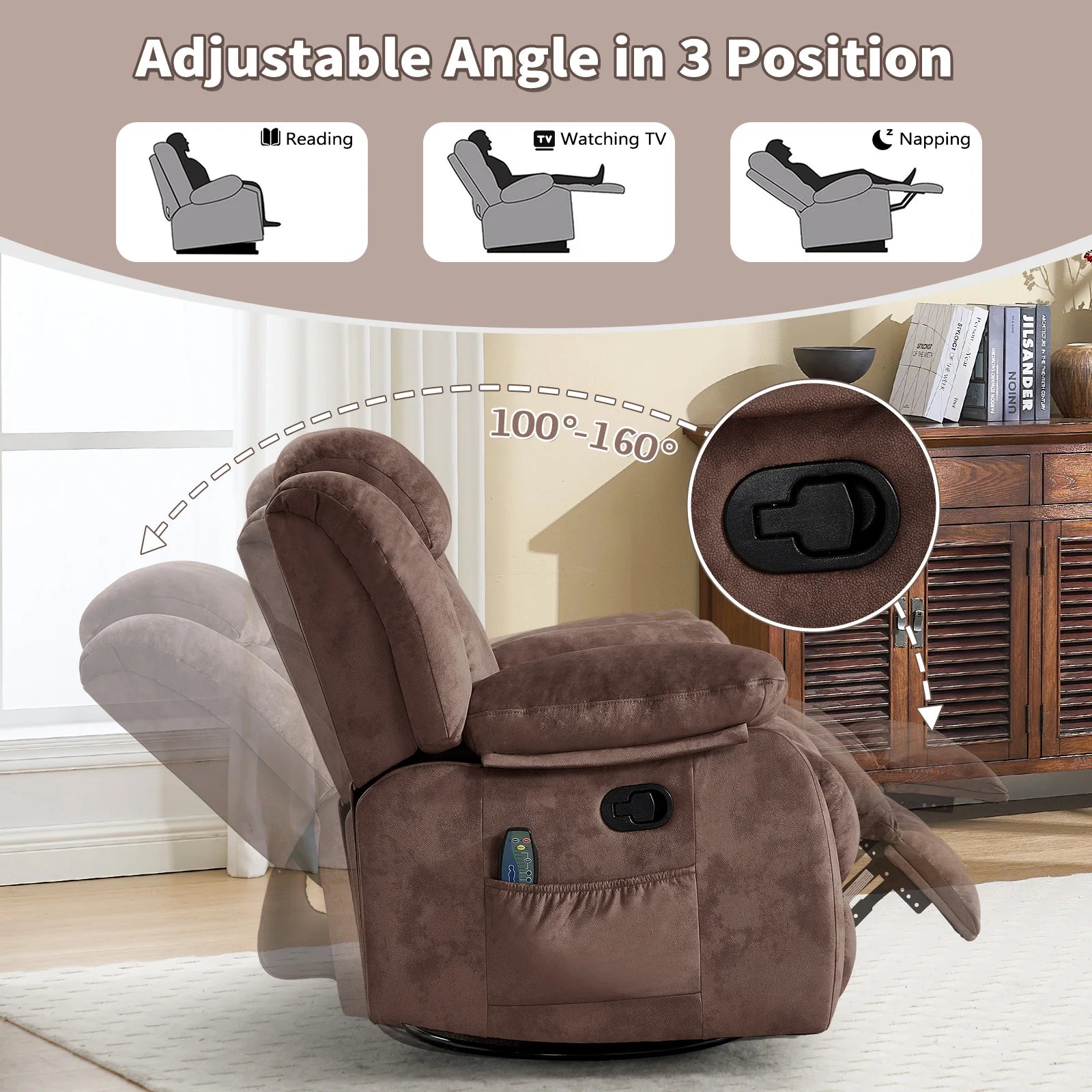 Massage Rocker Recliner with Heat and Vibration, 360 Degree Swivel Manual Antiskid Fabric Single Sofa Heavy Duty Reclining Chair