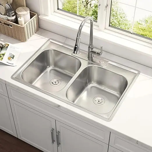 33x22 Double Bowl Drop In Kitchen Sink 304 Stainless Steel 18 Gauge Curved Shape Round Corner