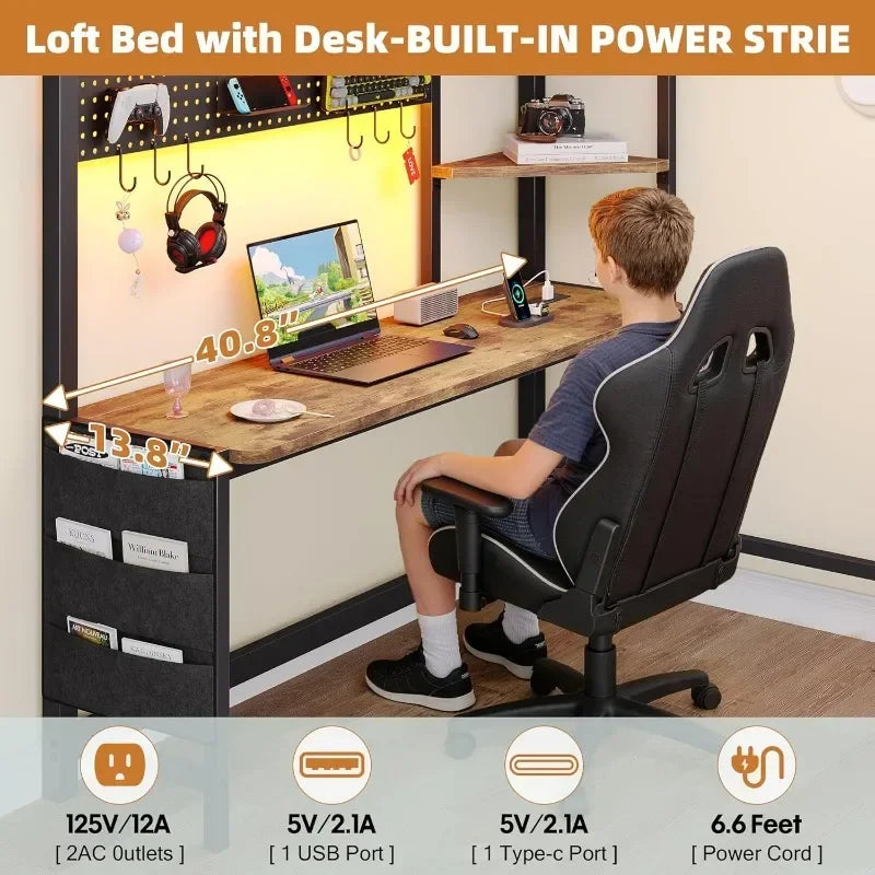 Twin Loft Bed with Desk, Twin Bed Frame with 6 Storage Drawers, 2 Bedside Organizer, 3 Movable Hooks, LED Lights