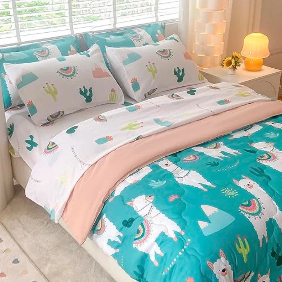 Comforter Set Bed in A Bag Size 7 Pcs Cute Alpaca Tropical Plant Cactus Bedding Set
