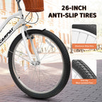 26 Inch Beach Cruiser Bike for Women, 7 Speed Commuter Bicycle with Rear Rack and Basket, Steel Frame Comfortable City Bike with Dual V-Brakes for Adults
