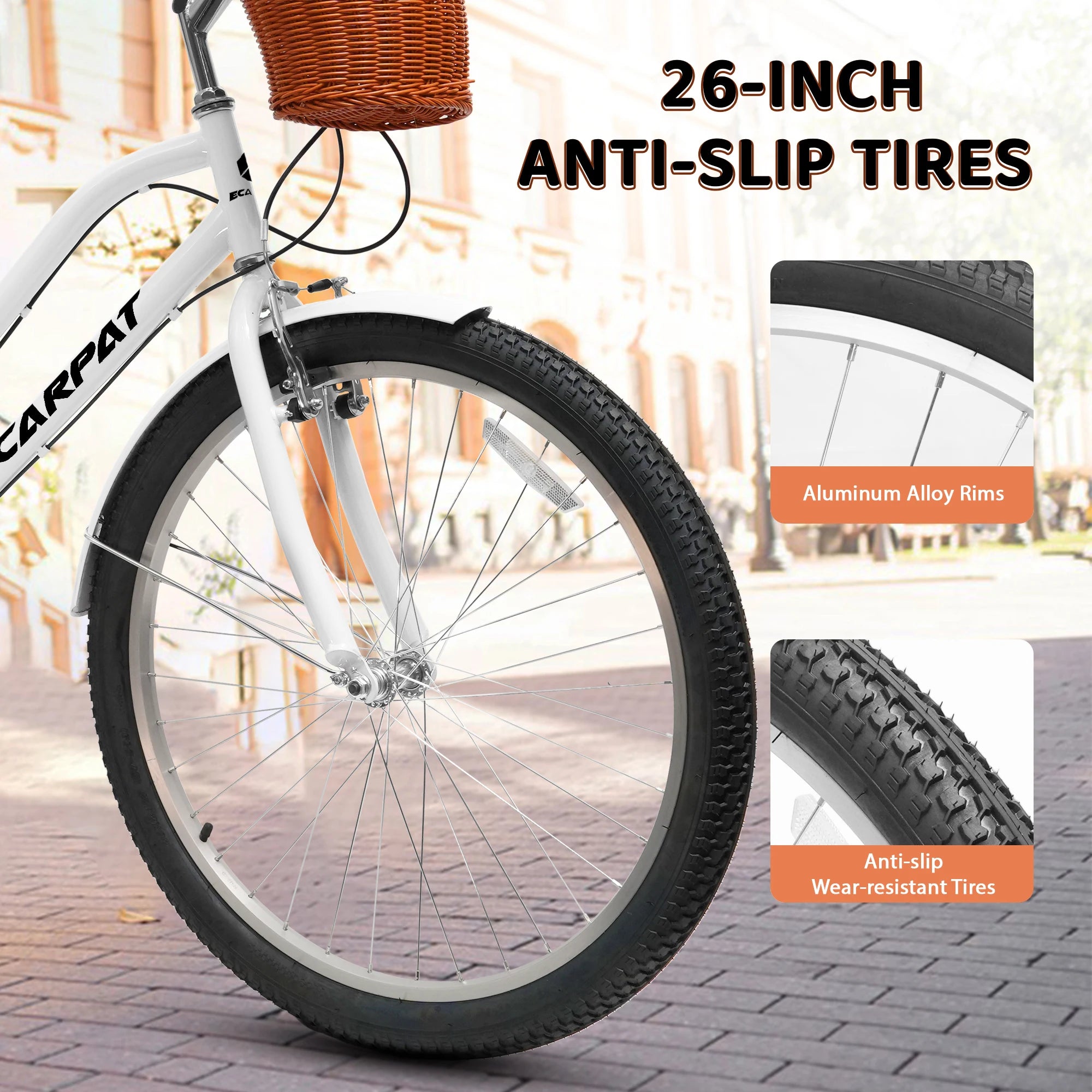 26 Inch Beach Cruiser Bike for Women, 7 Speed Commuter Bicycle with Rear Rack and Basket, Steel Frame Comfortable City Bike with Dual V-Brakes for Adults