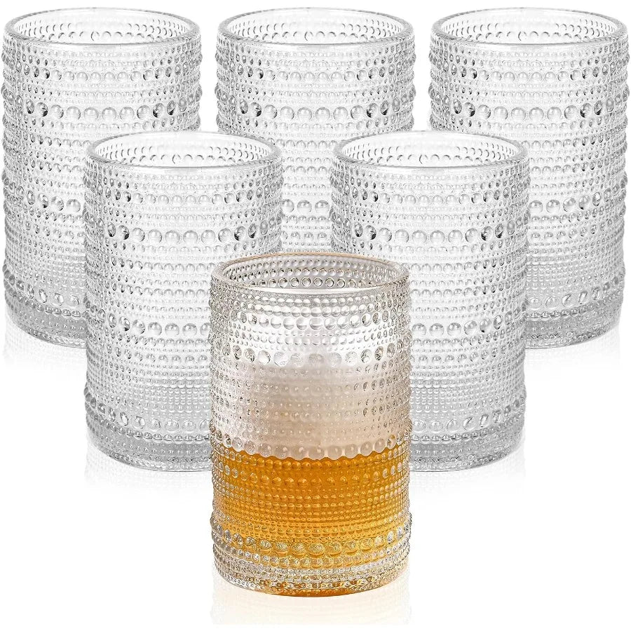 Vintage Set of 6 15 oz Hobnail Glass Cups with Embossed Clear Design