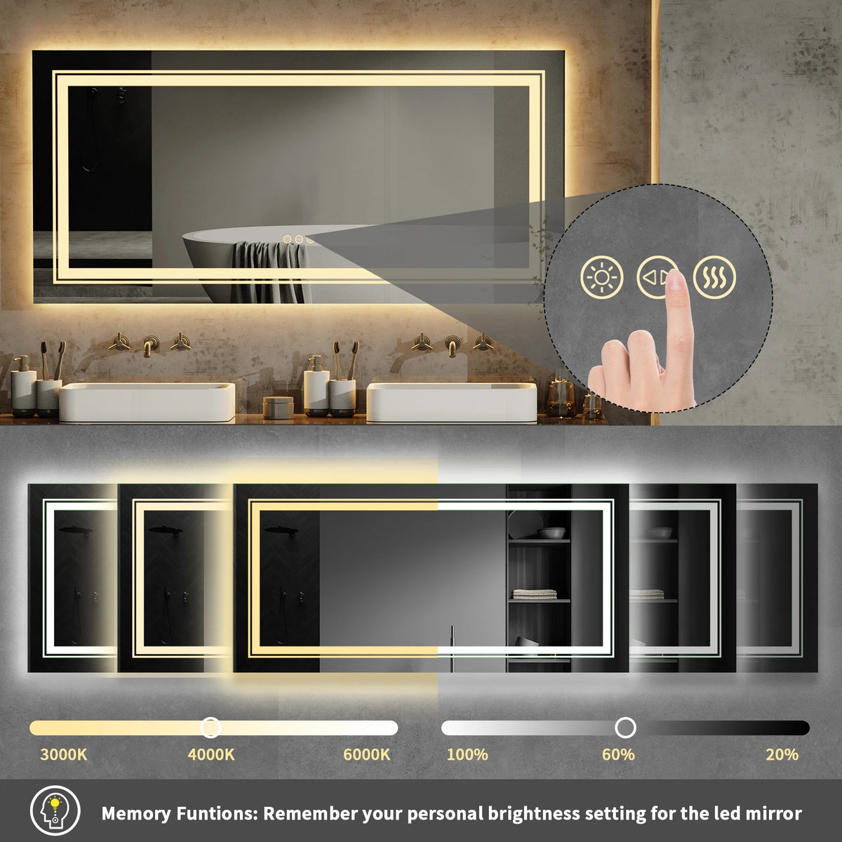 48"X24" LED Bathroom Mirror with Lights, Anti-Fog, Dimmable, Backlit + Front Lit, Lighted Bathroom Vanity Mirror