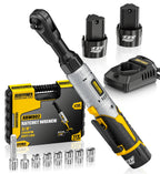3/8" Cordless Ratchet Wrench Set, 60FT-LBS(80N.m) Electric Ratchet, 12V Set with Variable Speed, 6 Sockets, LED Light, 1/4" Adapter,1/2" Adapter,2 Batteries