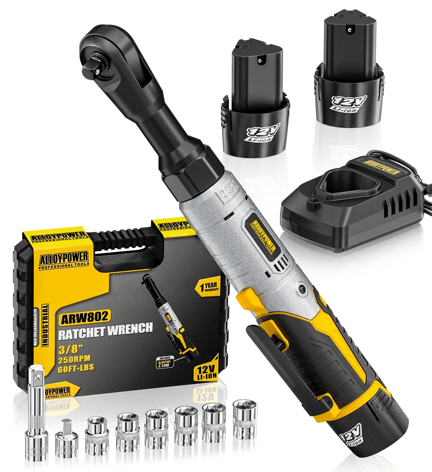 3/8" Cordless Ratchet Wrench Set, 60FT-LBS(80N.m) Electric Ratchet, 12V Set with Variable Speed, 6 Sockets, LED Light, 1/4" Adapter,1/2" Adapter,2 Batteries