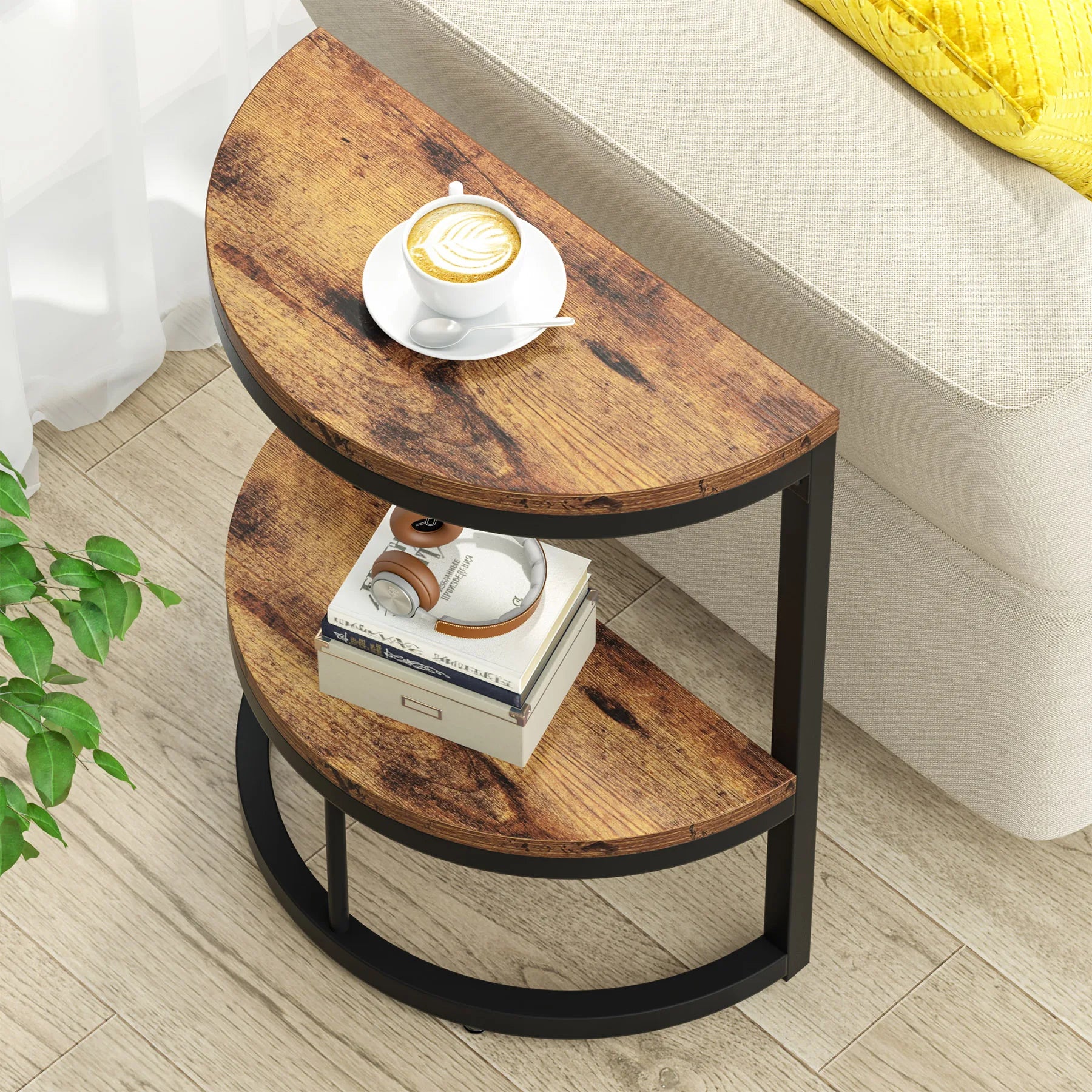 Small Half Round Side Table with Storage Shelf, Accent Table Slim