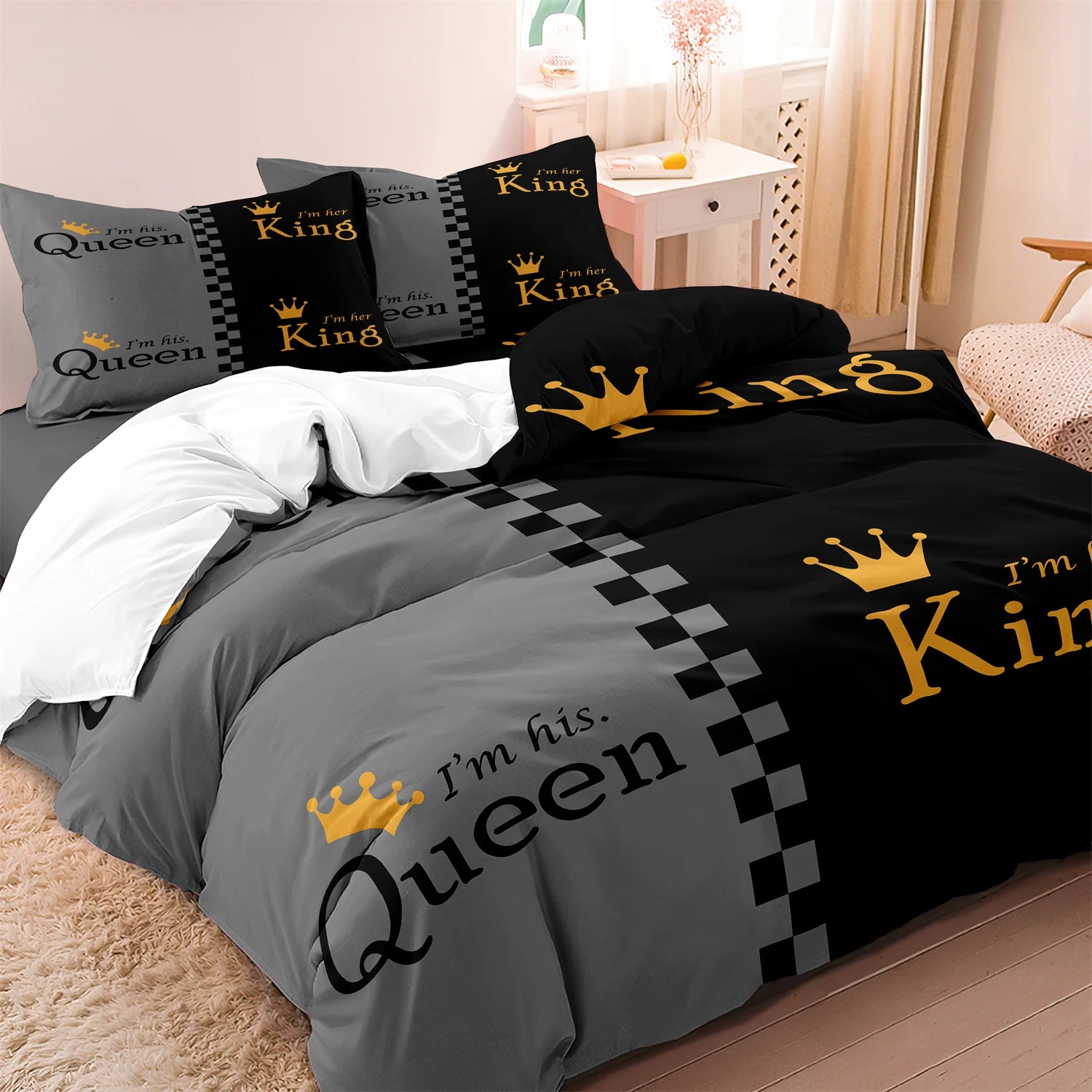 3Pcs King Queen Size Bedding Set Black Grey Gold Crown Duvet Cover Soft Microfiber Bed Set Couple Bed Linen (No Filler)