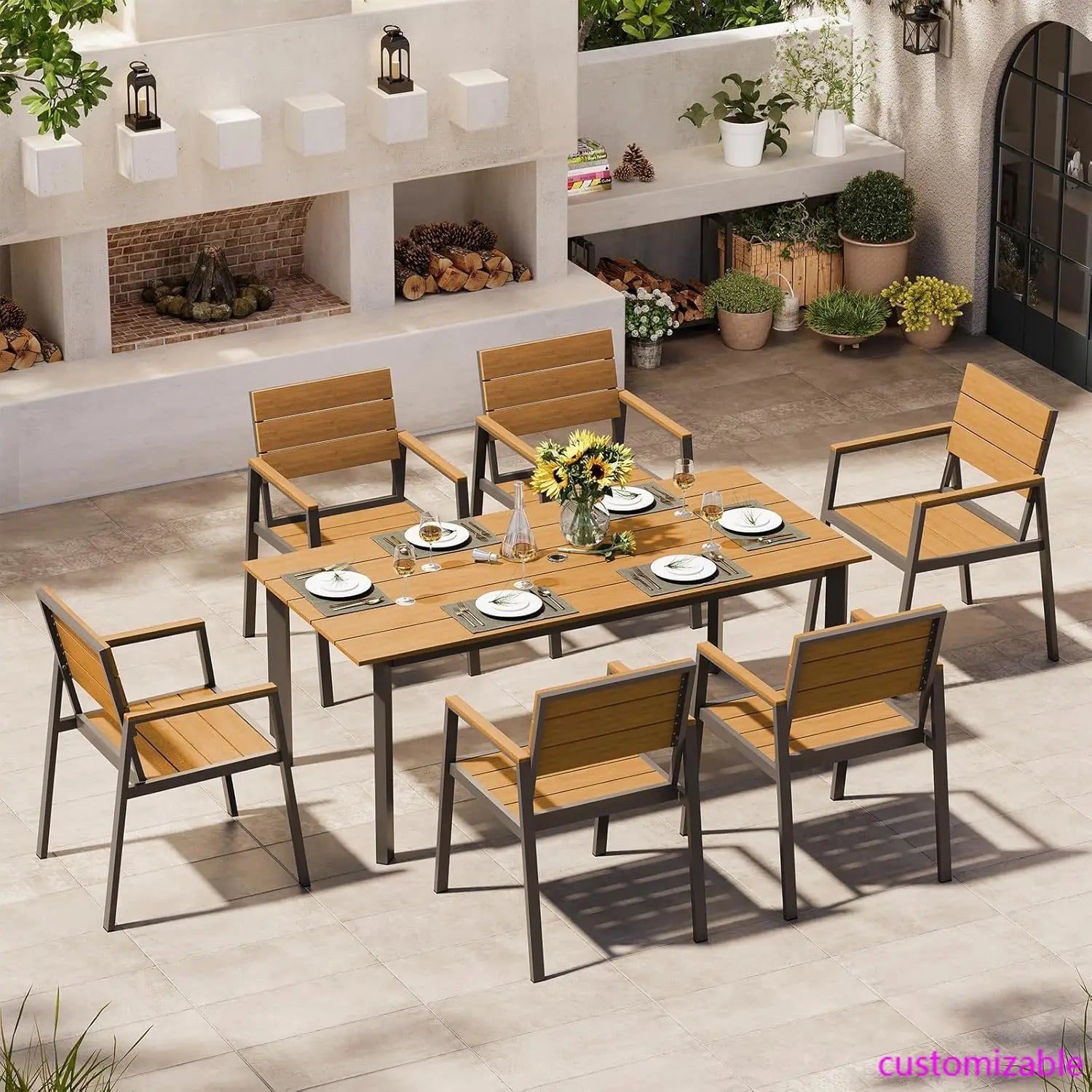 Outdoor Dining Set for 6, Patio Table and Chairs Set with Umbrella Hole