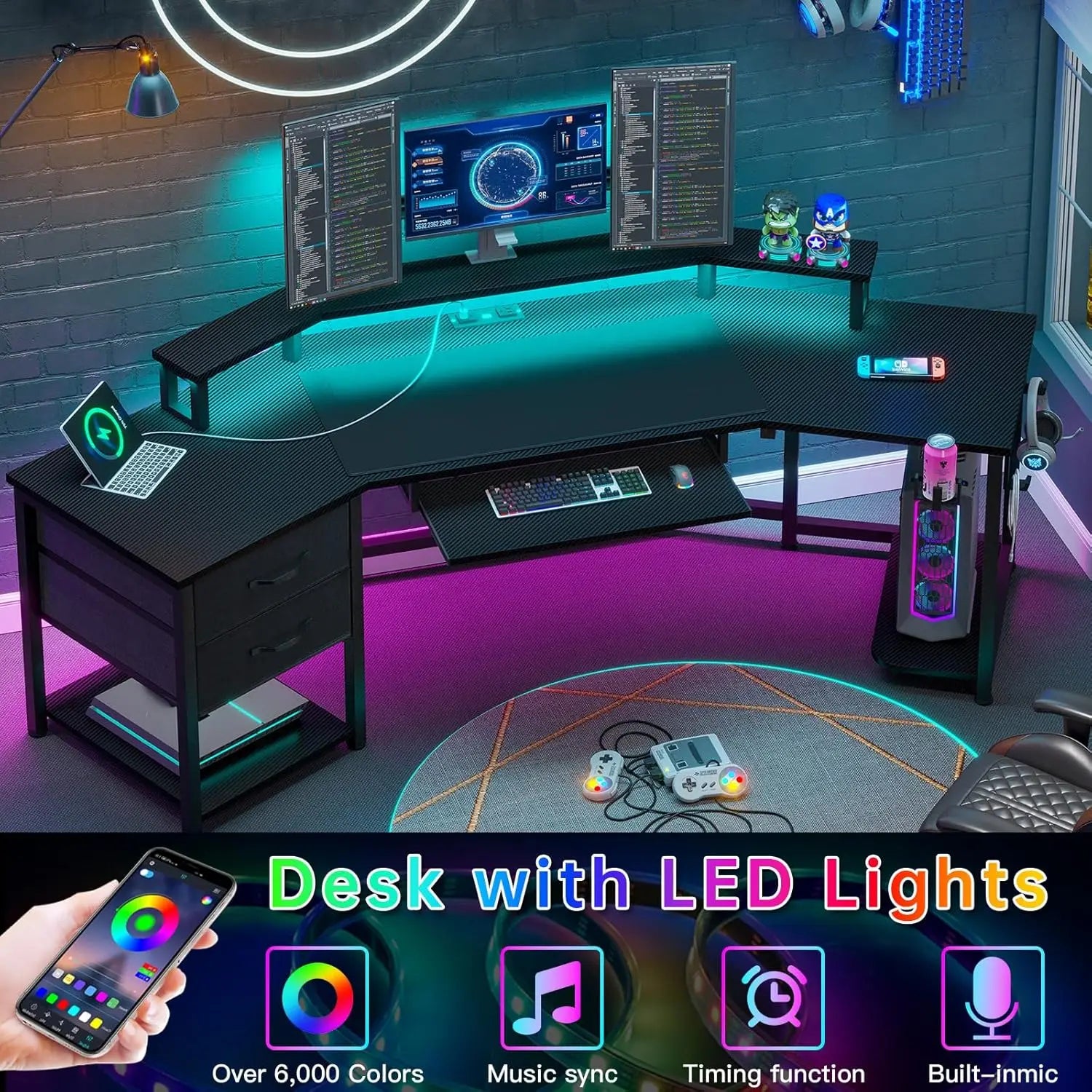 79" Gaming Desk With Storage , Led Lights