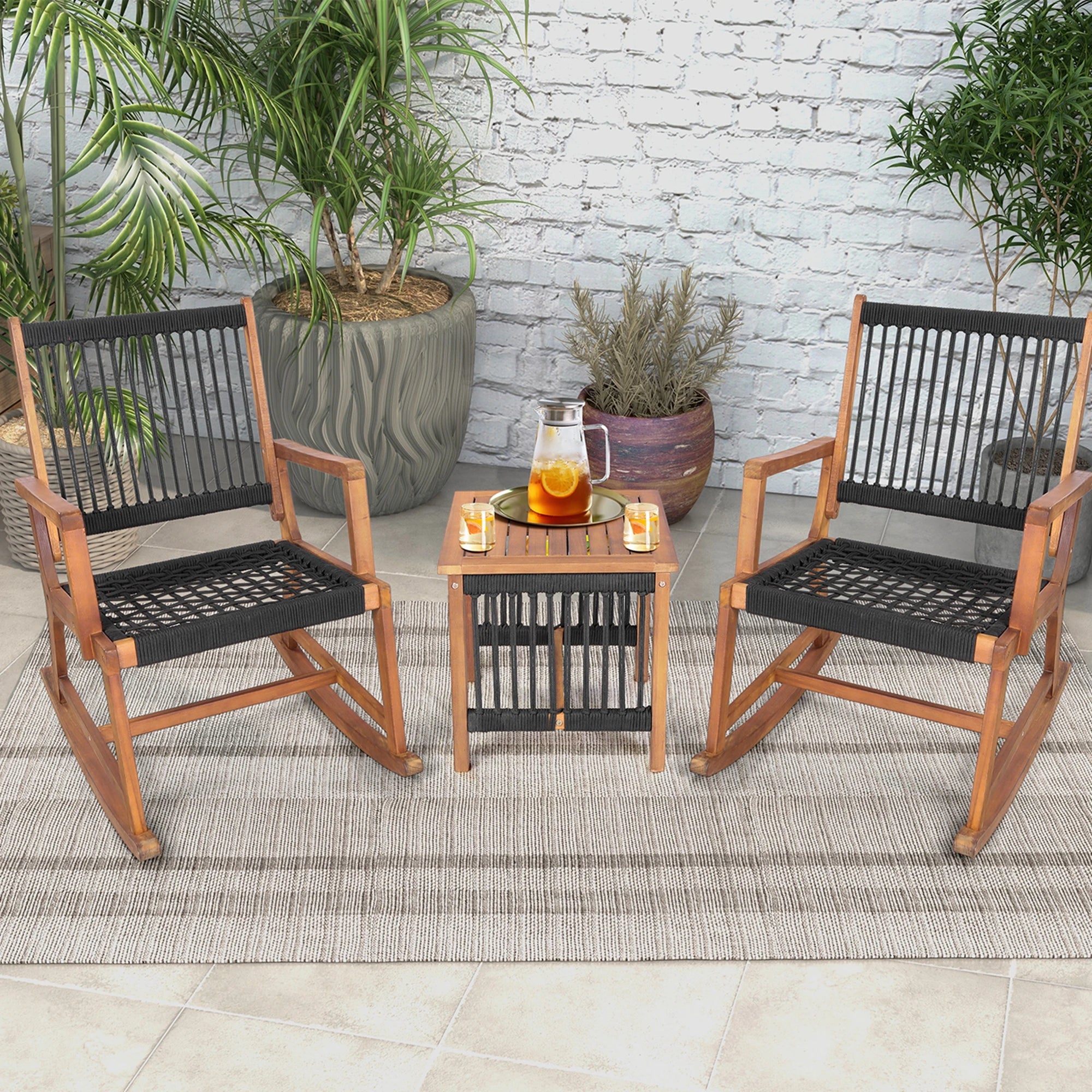 3pcs Wood Bistro Table Rocking Chair Set, All-Weather