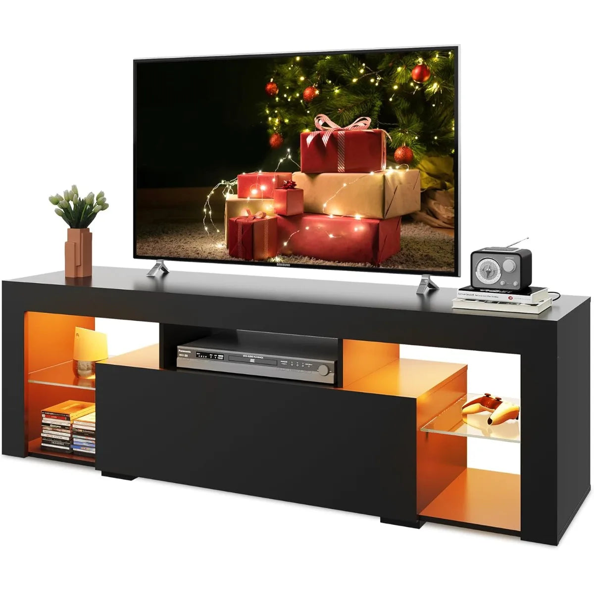 Modern Entertainment Center for 32-60 Inch TVs, LED Lights & 2 Drawers