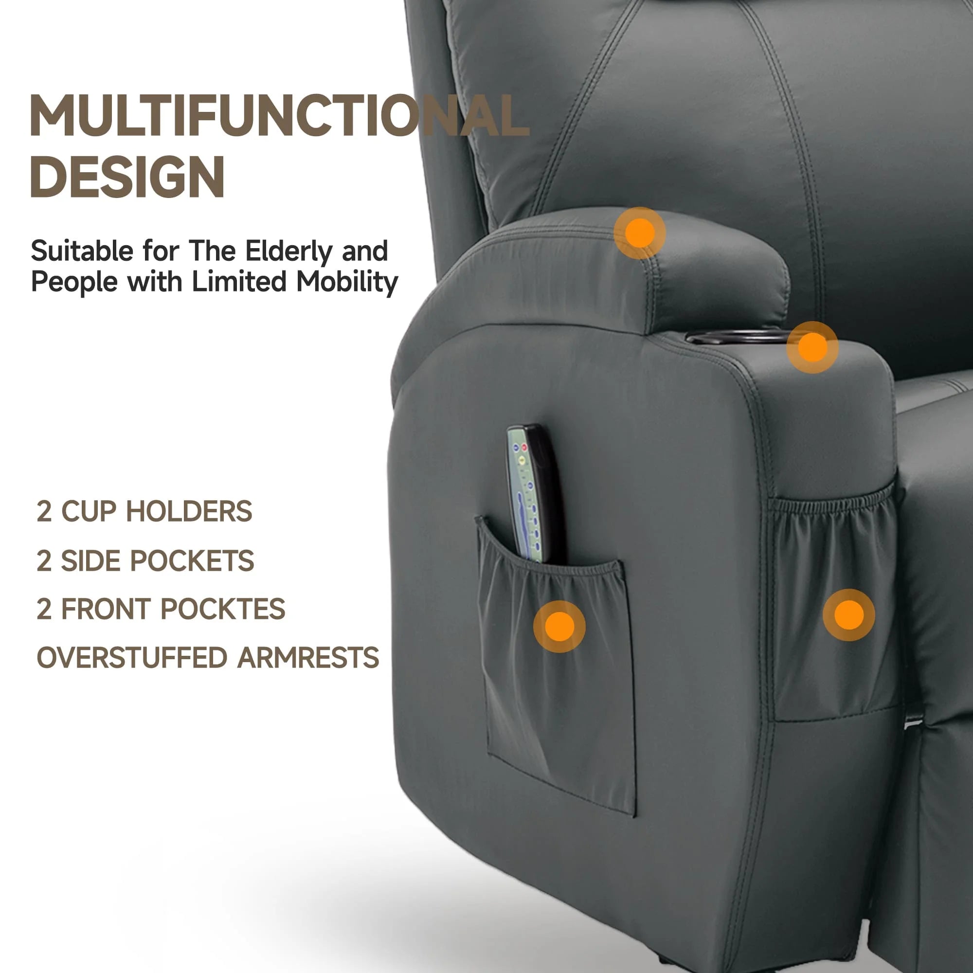Recliner Chair with Massage and Heat, 360° Swivel Rocking Chairs for Adults, Remote Control and Cup Holder