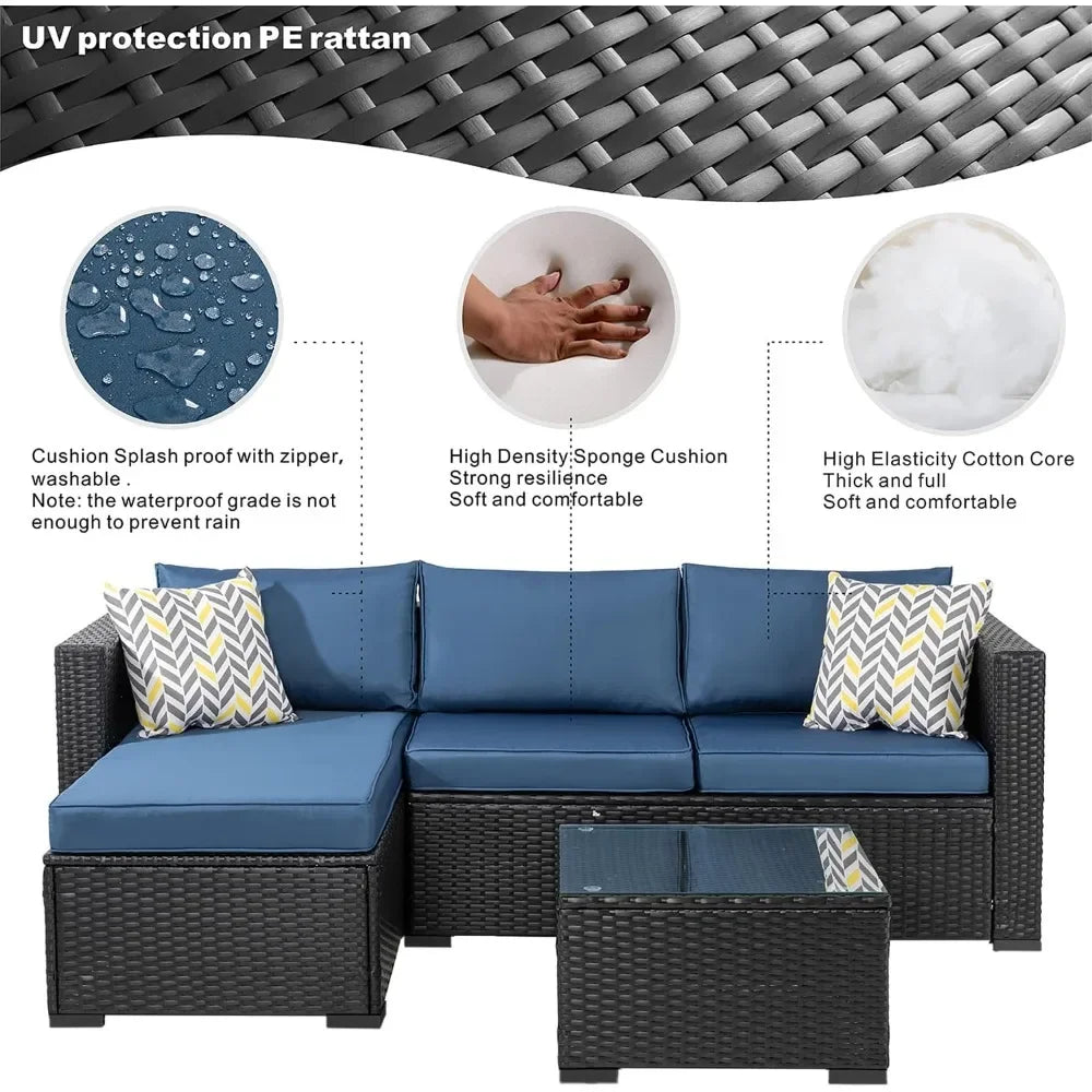 wicker outdoor sectional furniture with glass table and cushions