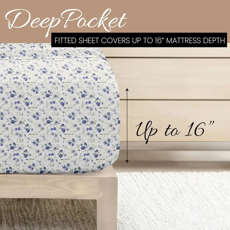 4 Piece Queen Sheet Set (Light Blue Floral) - Ultra-Soft & Cooling Bed Sheets