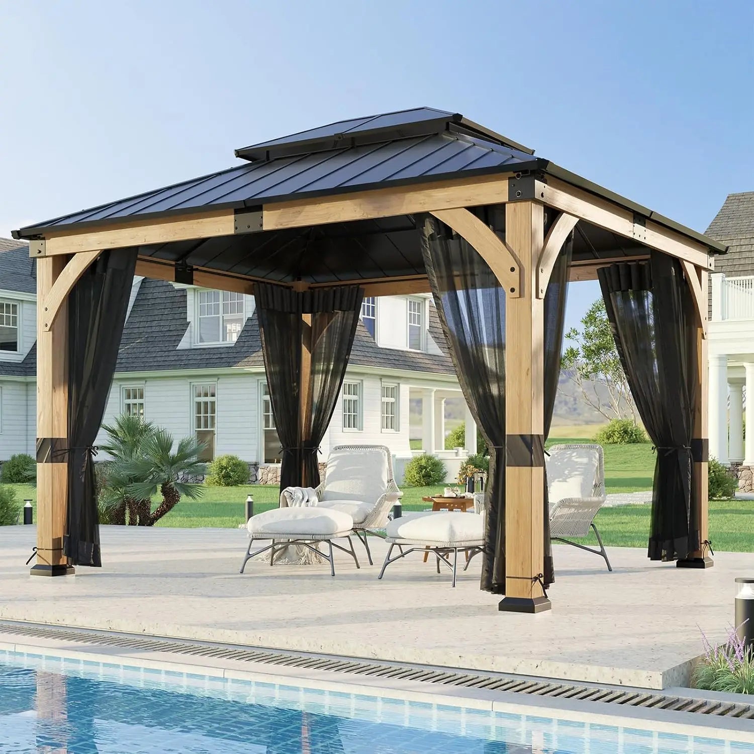 10x12 ft Wood Gazebo, Hardtop Gazebo with Galvanized Steel Peak Roof