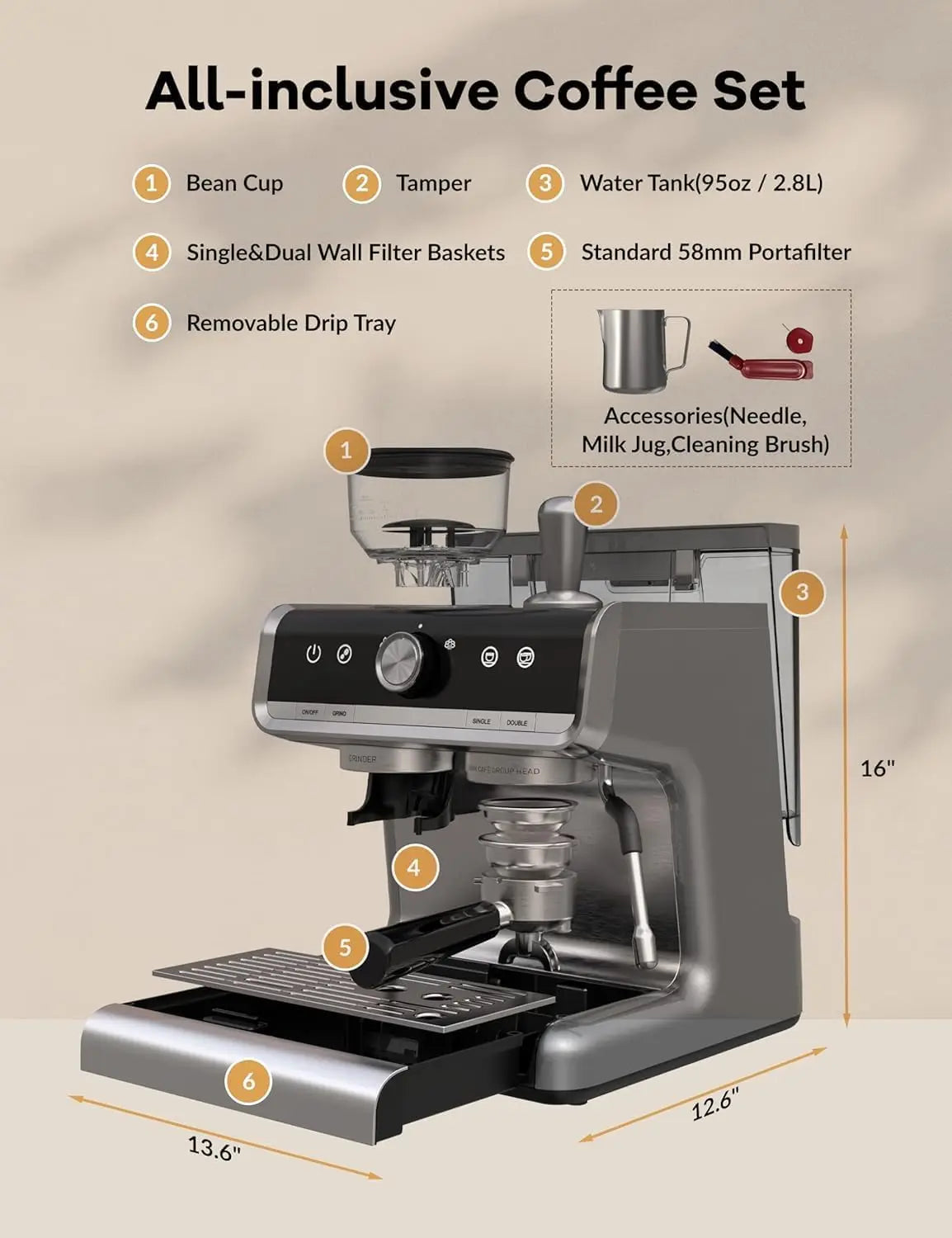 1450W Semi Automatic Espresso Maker with Grinder for Latte, Cappuccino Lover