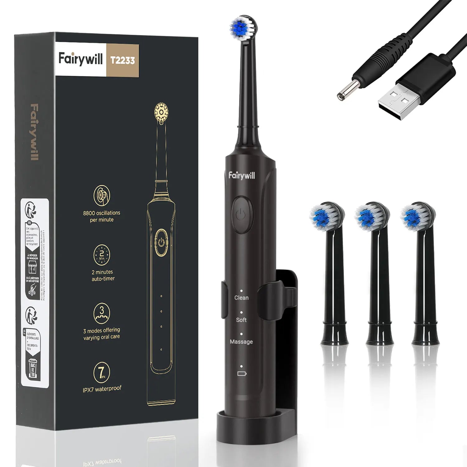Electric Toothbrush T2233Powerful Rotation Cleaning 4 Replacement Heads Rechargeable Sonic Toothbrush for Adults