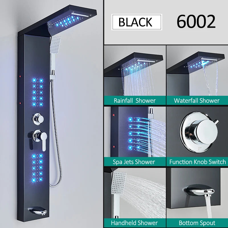 Black LED Shower Panel Tower System, Rain Waterfall Massage Body Spa