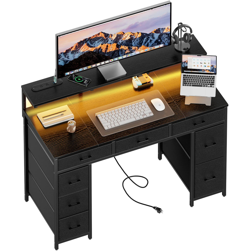 Computer Desk with 8 Storage Drawers, Adjustable Monitor Stand, Writing Desk with LED Lights & USB Power Outlets