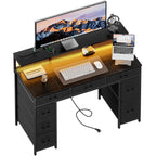 Computer Desk with 8 Storage Drawers, Adjustable Monitor Stand, Writing Desk with LED Lights & USB Power Outlets