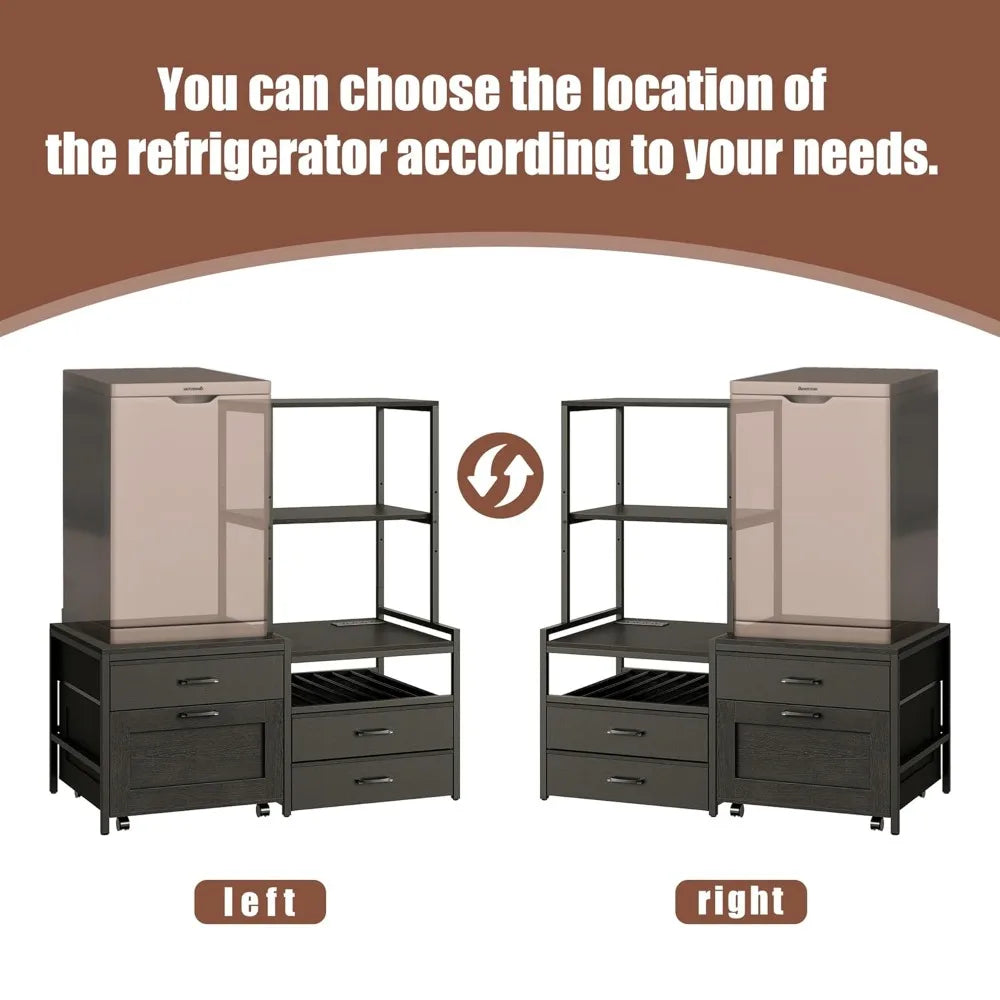 Mini Fridge Stand with Wine Rack, Power Outlet, Microwave Oven Stand, Coffee Bar