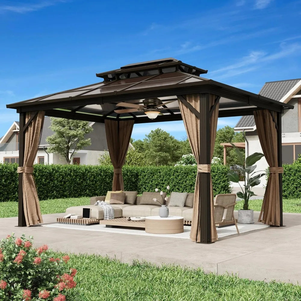 10x13ft Hardtop Gazebo with Double Roof, Waterproof Canopy, Netting & Curtains for Outdoor Patio Deck