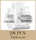 Square Dinnerware Sets 28 Piece White Porcelain Plates and Bowls Set Salt Pepper Pot Salad Pasta Bowls Dinner Set