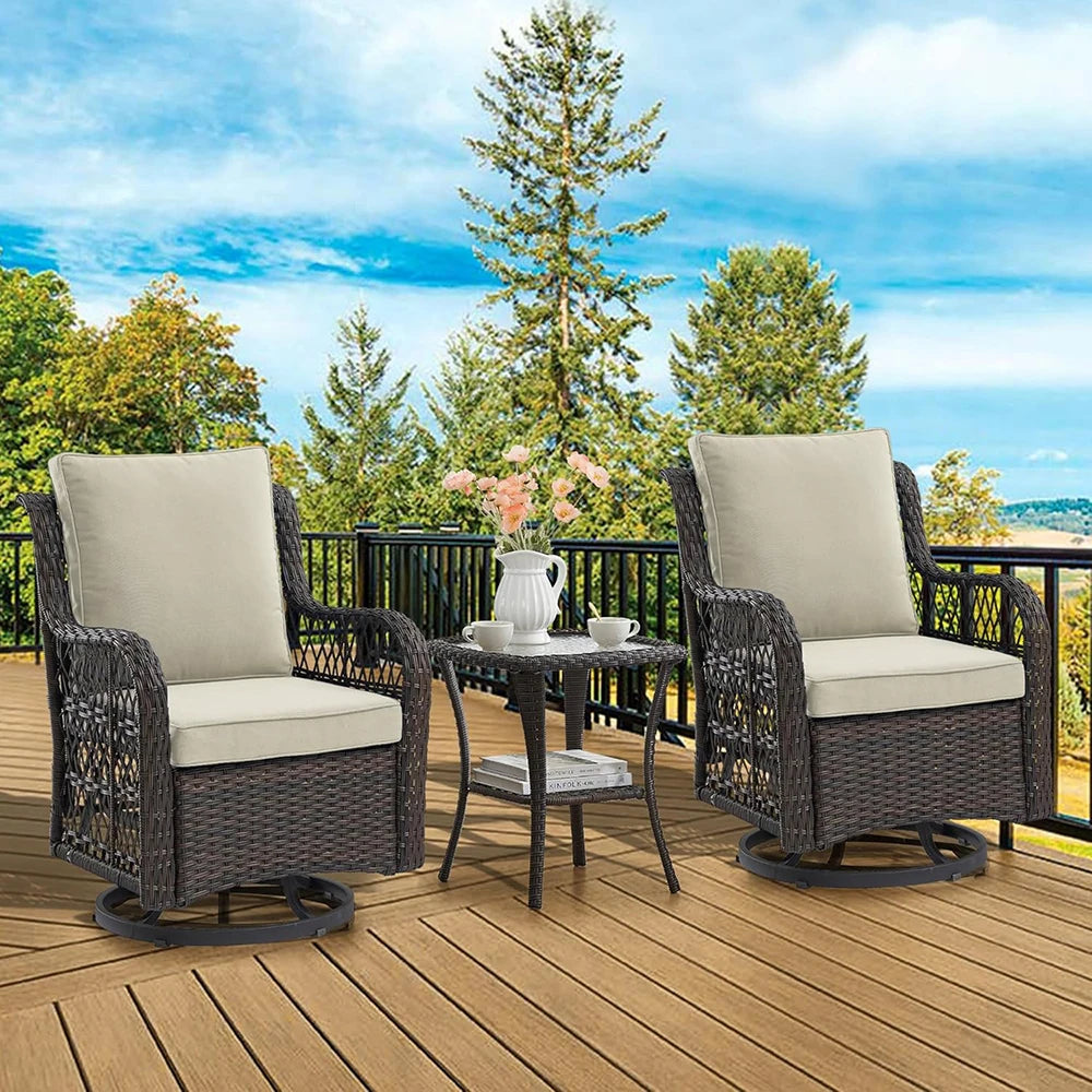 3-Piece Wicker Swivel Rocking Patio Set, 2 Chairs & Glass Table