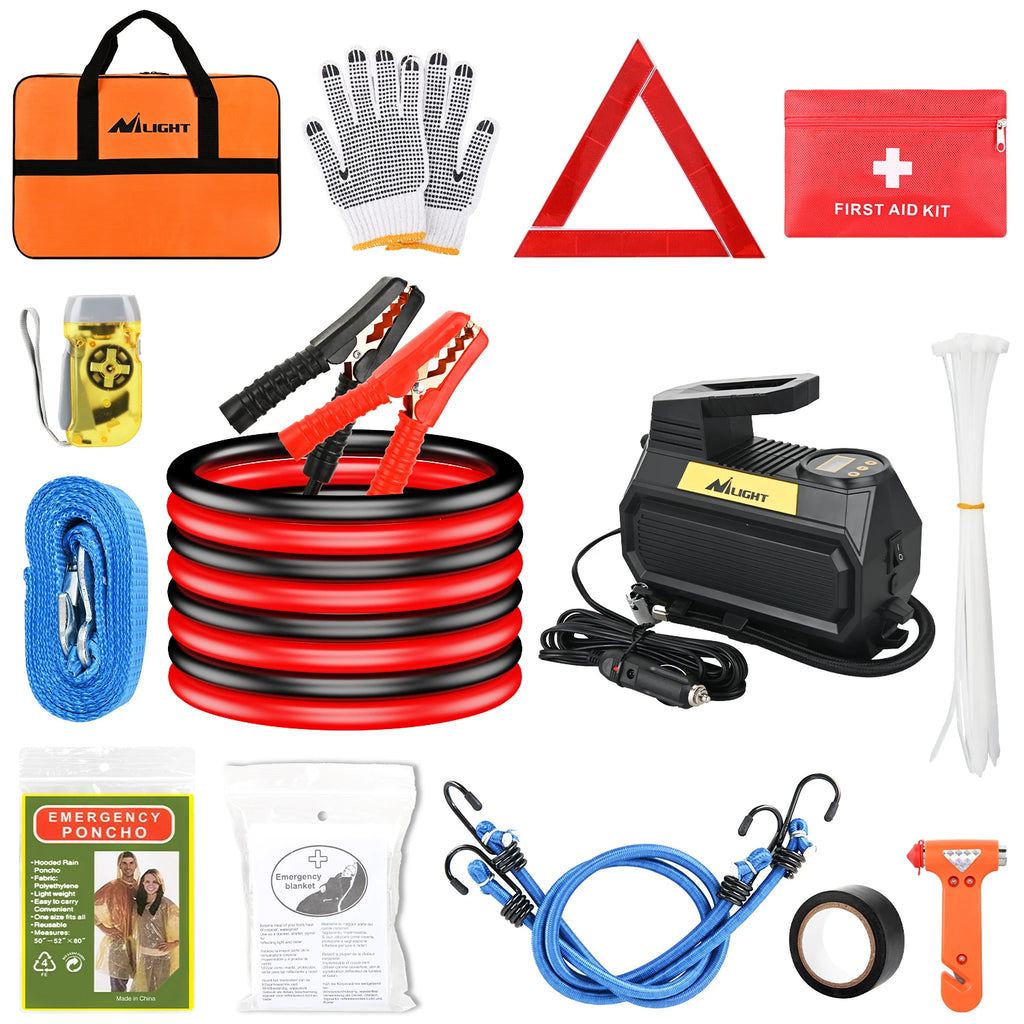 Car Emergency Kit with Jumper Cable, First Aid Kit Safety Assistance Tools for Travel Camping Outdoor Cars Truck SUV RV, Roadside Essentials with Flash Light
