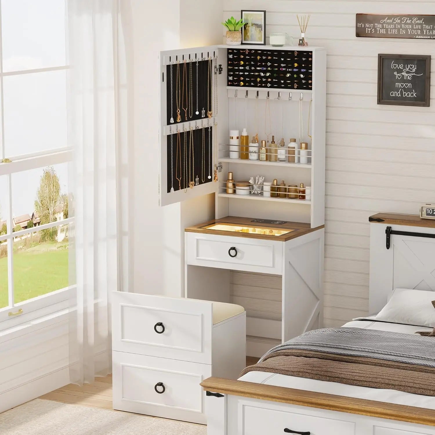 Small Compact Makeup Vanity Set with Hidden Storage Stool, Glass Top Dressing Table