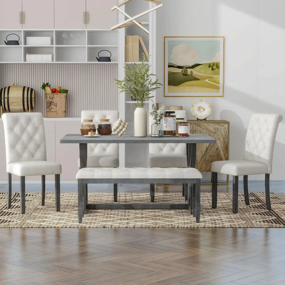 6Piece Farmhouse Dining Table Set, 60 L Rectangular Table, 4 holstered Chairs and Bench