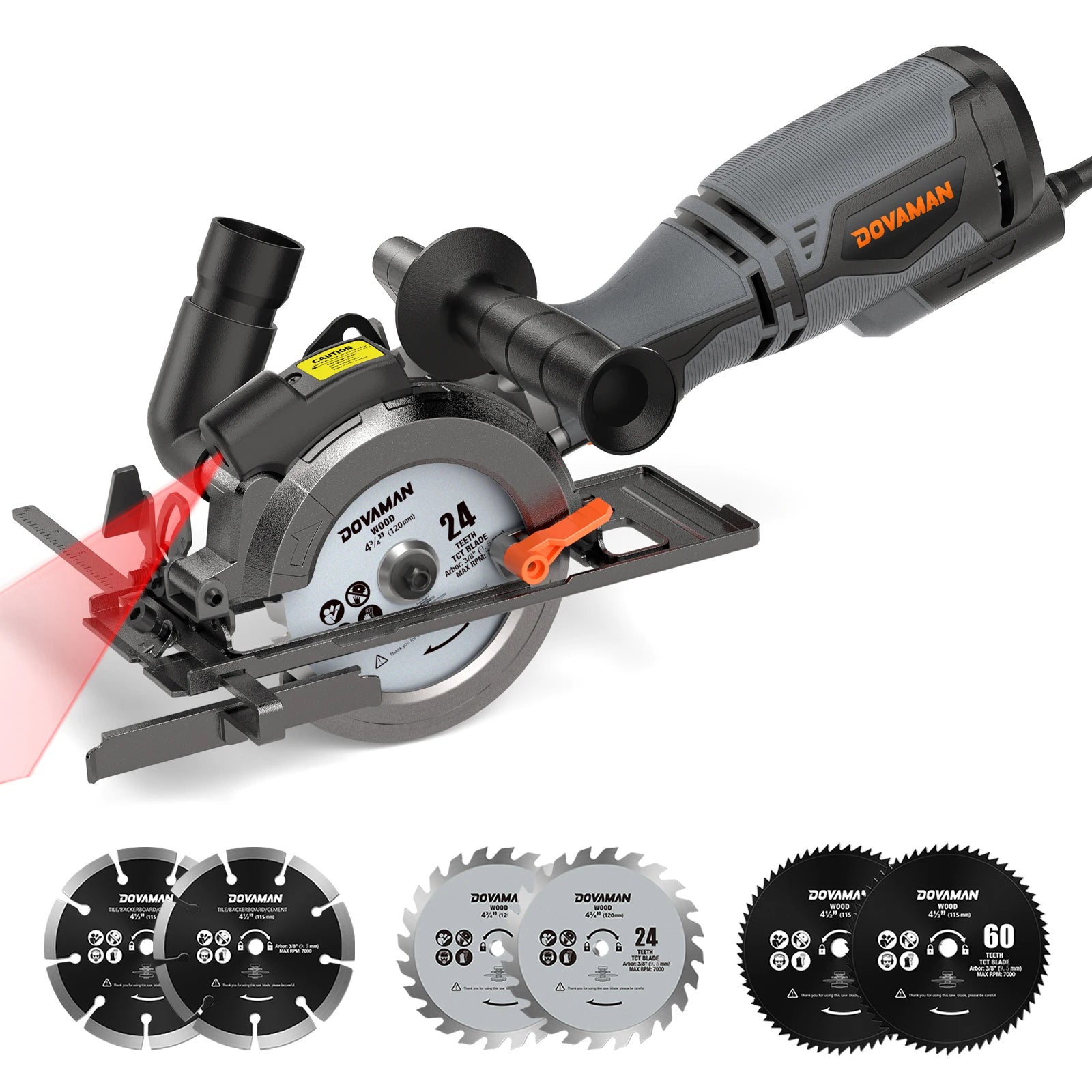 4-1/2" Circular Saw, Laser Guide, Metal Handle, 6 Blades, 1-11/16"(90°) Cut Depth, for Wood, Metal & Tile