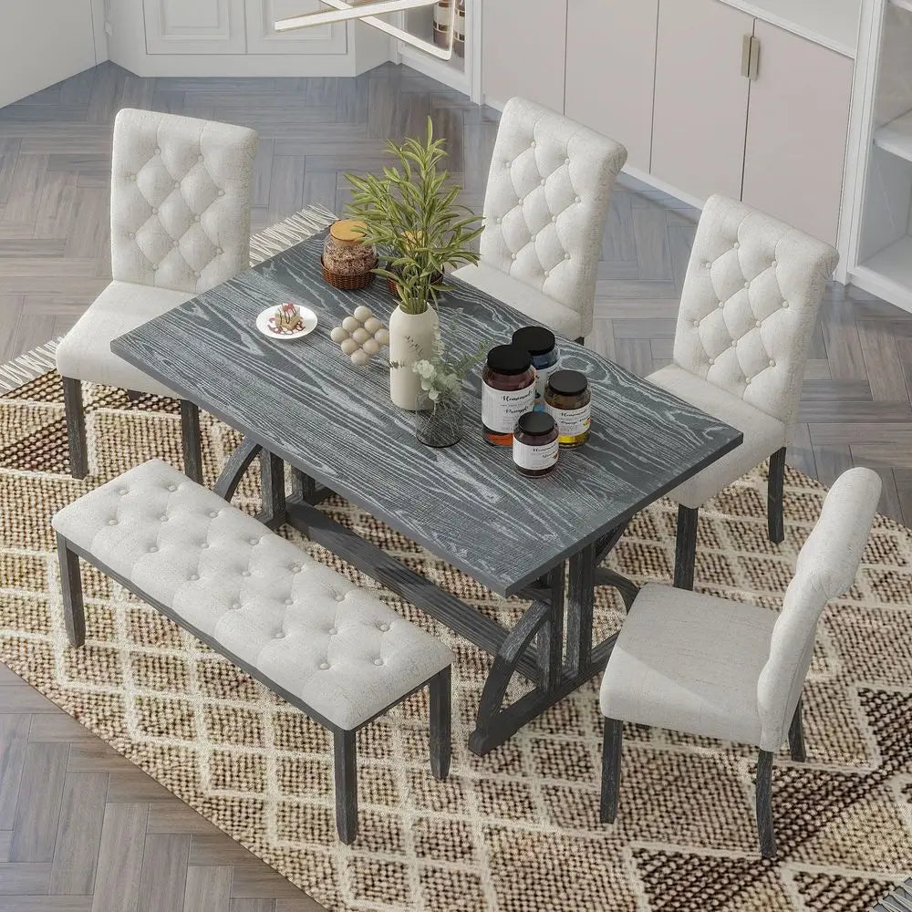 6Piece Farmhouse Dining Table Set, 60 L Rectangular Table, 4 holstered Chairs and Bench