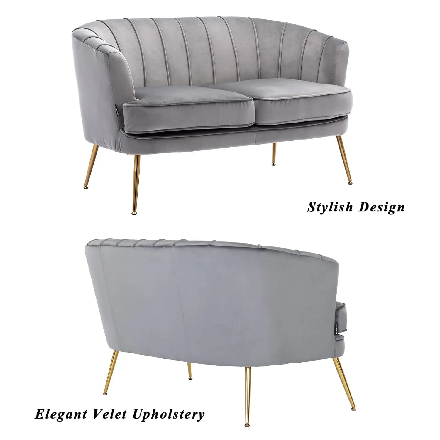 Contemporary Velvet Loveseat Chair with Gold-Finished Metal Legs, 2-Seat Sofa for Living Room, Bedroom, Home Office, Grey